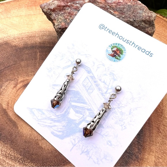 Silver and Brown Drop Dangle Crystal Bead Earrings - Picture 4 of 6
